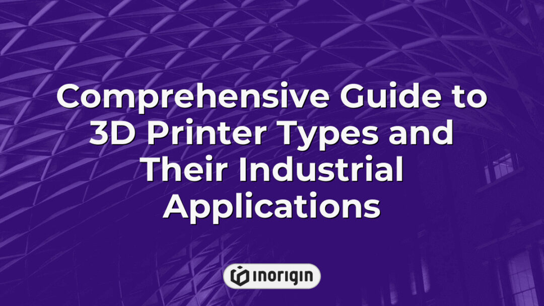 Detailed infographic illustrating various types of 3D printers including FDM and DLP resin technologies and their specific industrial applications in product design and manufacturing.