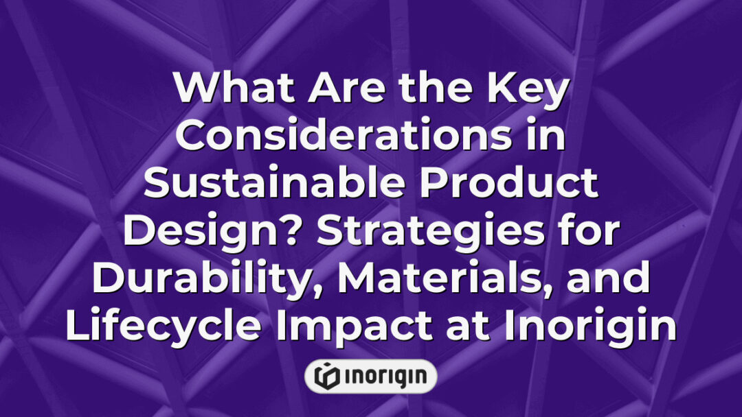 Detailed infographic illustrating key considerations in sustainable product design including strategies for durability, eco-friendly materials, and lifecycle impact assessments by Inorigin design studio in Greece.