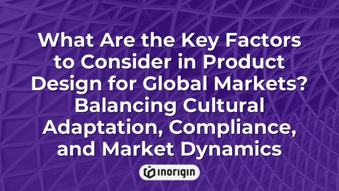 Illustration highlighting essential factors in product design for global markets, focusing on cultural adaptation, regulatory compliance, and dynamic market trends to ensure international success.